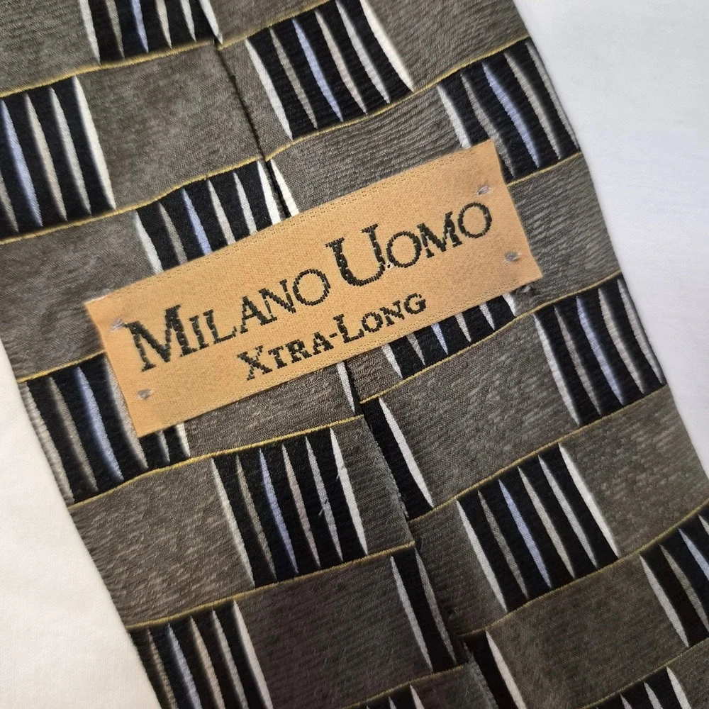 Milano Uomo Tie Mens Xtra-Long‎ Grey Black Geometric Silk Block Pattern USA